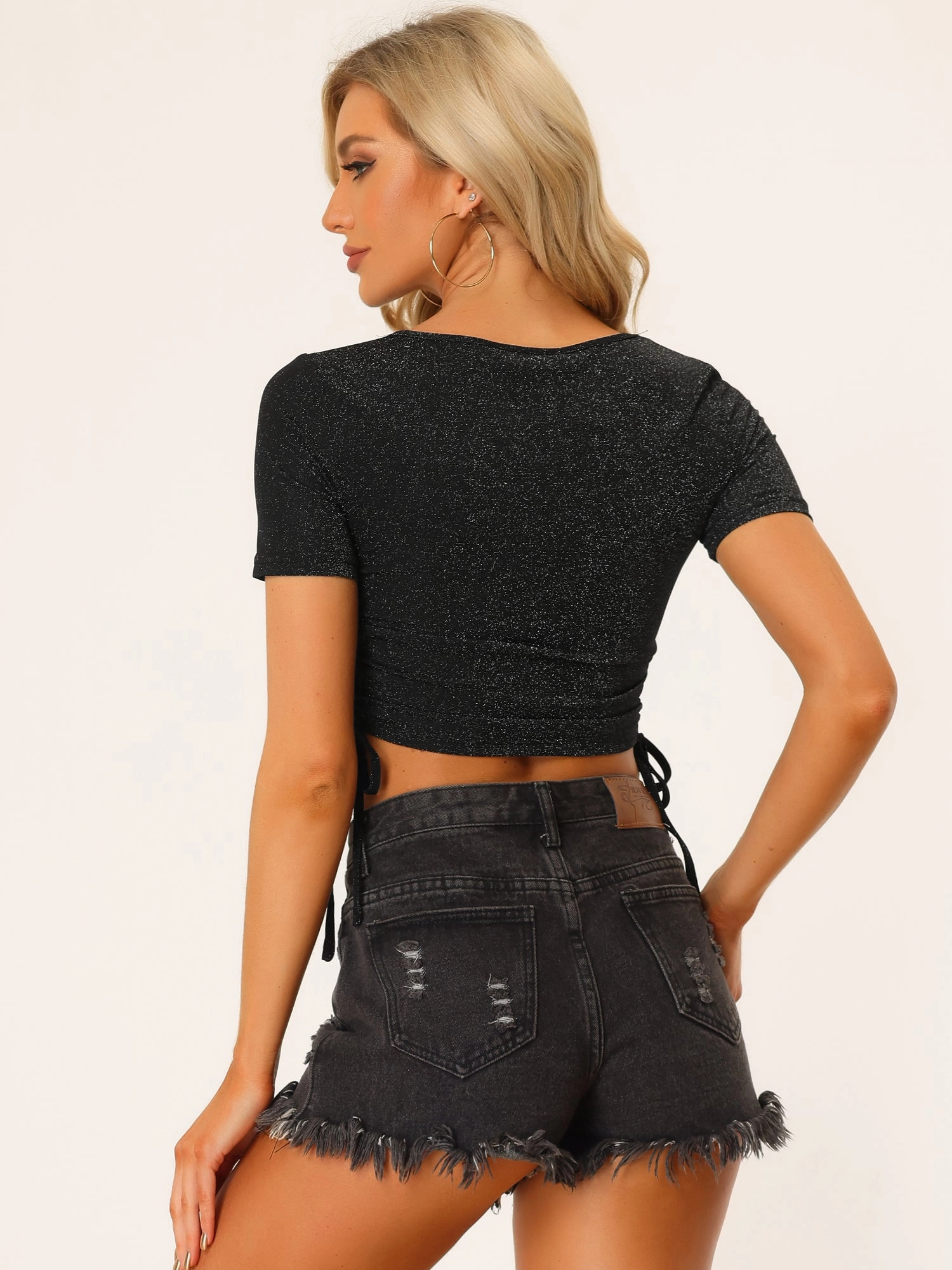 Drawstring Side Ruched Tee Shirt Glitter Crop Tops