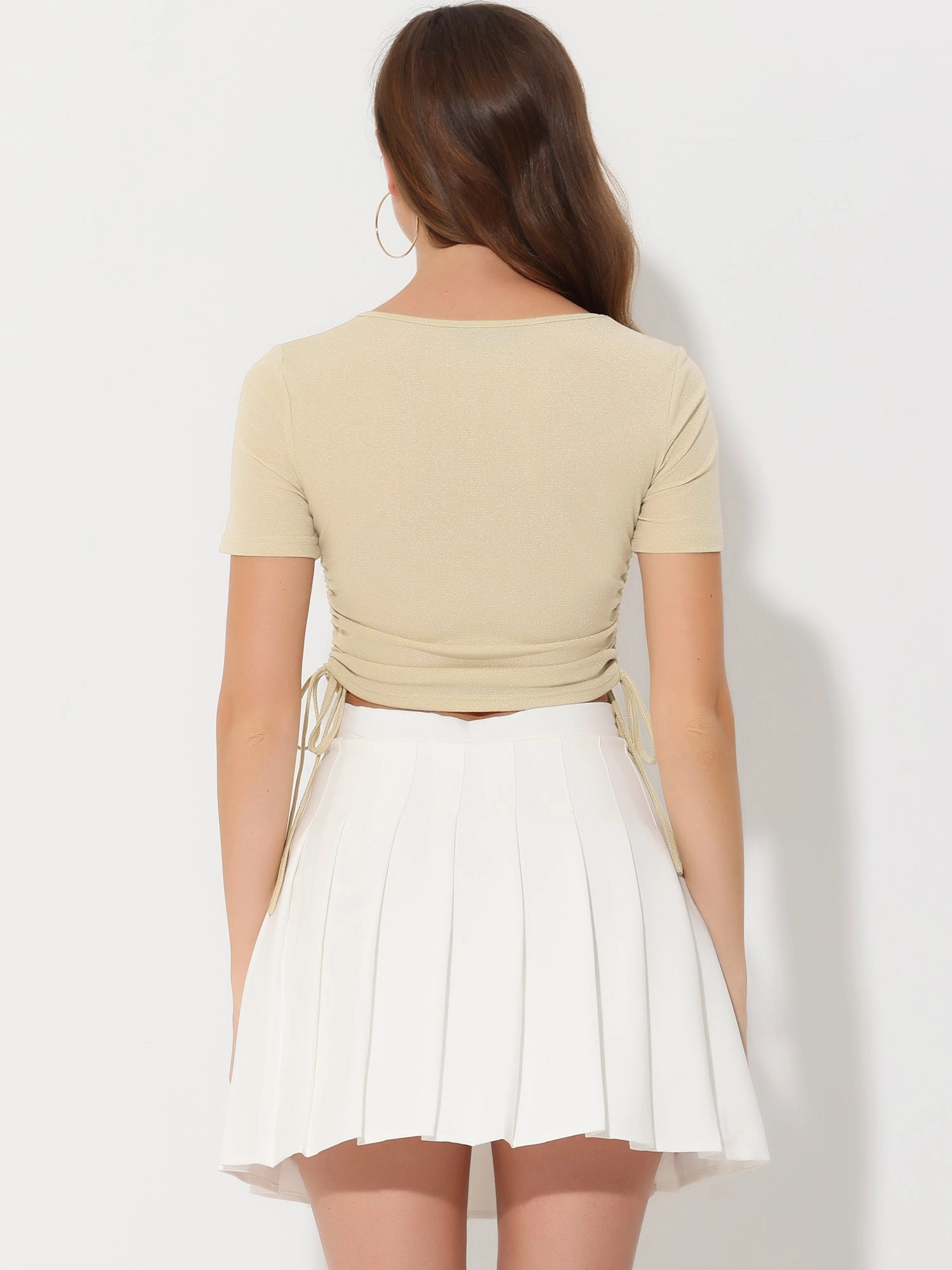 Drawstring Side Ruched Tee Shirt Glitter Crop Tops