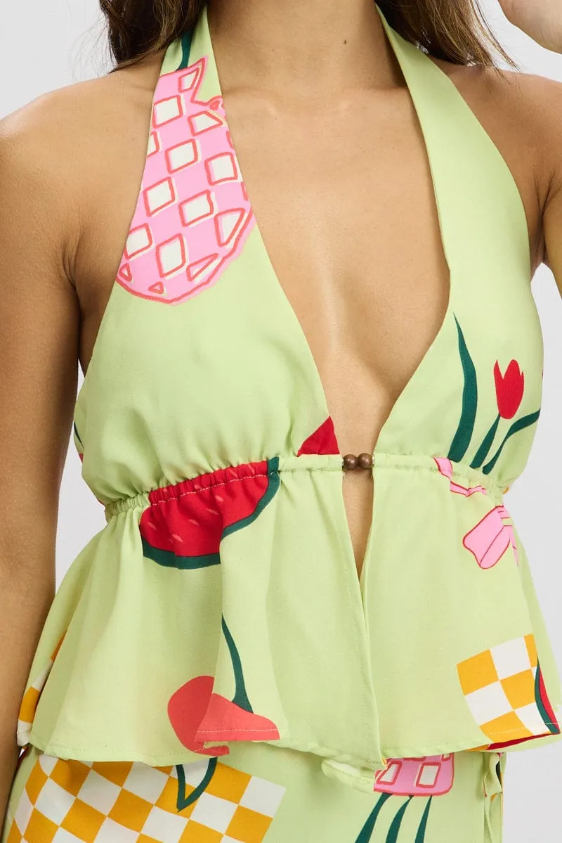 Green Abstract Halter Top Sleeveless