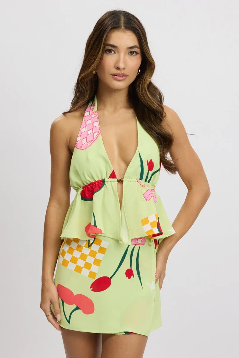 Green Abstract Halter Top Sleeveless