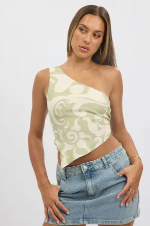 Green Abstract Scarf Top One Shoulder Tie Back
