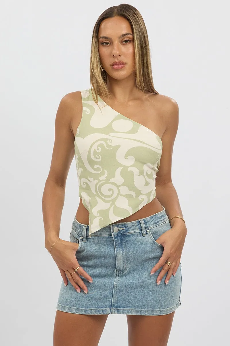 Green Abstract Scarf Top One Shoulder Tie Back