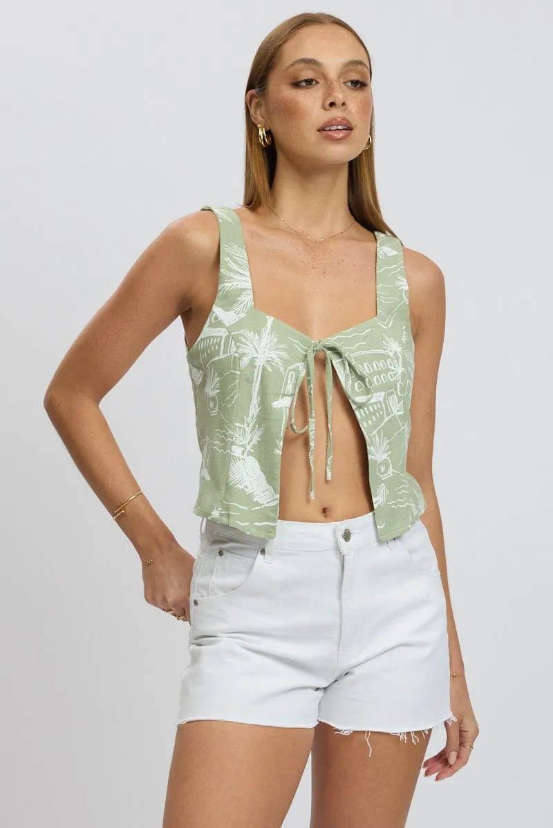 Green Abstract Tie Front Top Sleeveless