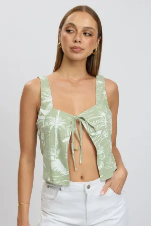 Green Abstract Tie Front Top Sleeveless