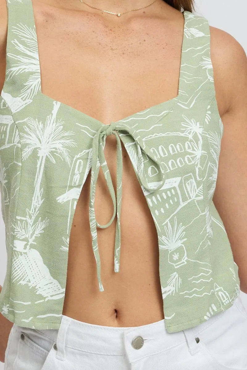 Green Abstract Tie Front Top Sleeveless