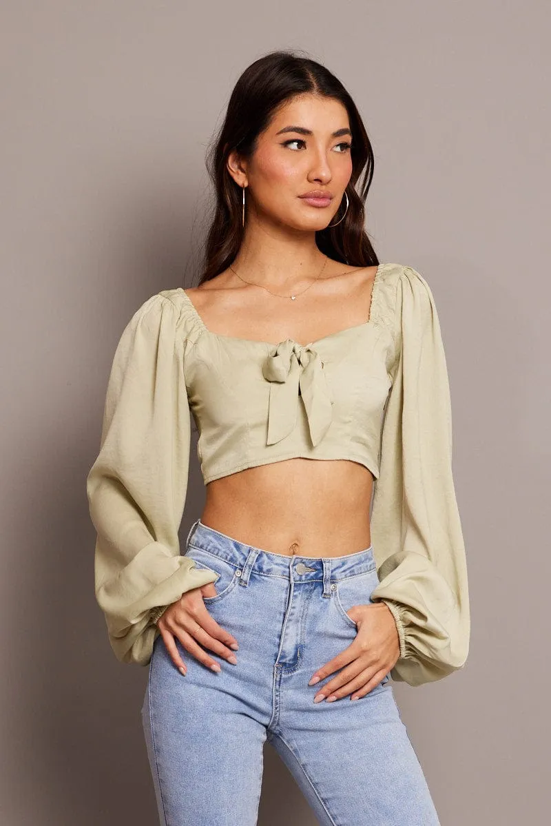 Green Bow Top Balloon Sleeve Satin Top