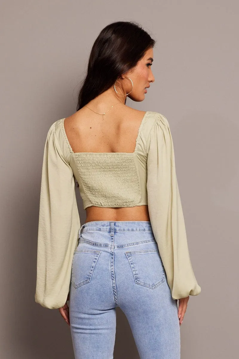 Green Bow Top Balloon Sleeve Satin Top