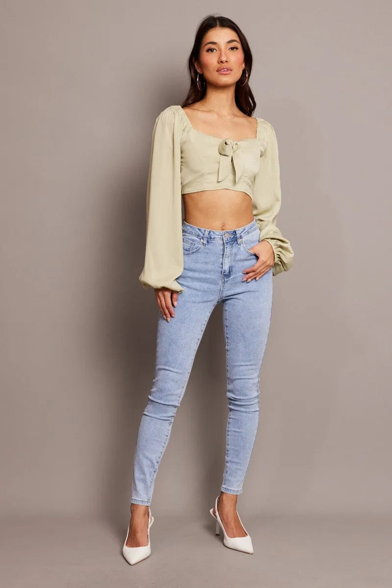 Green Bow Top Balloon Sleeve Satin Top