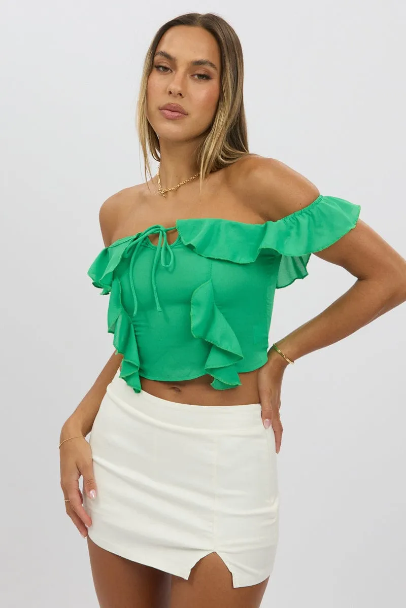 Green Frilled Top Sleeveless Off Shoulder Chiffon
