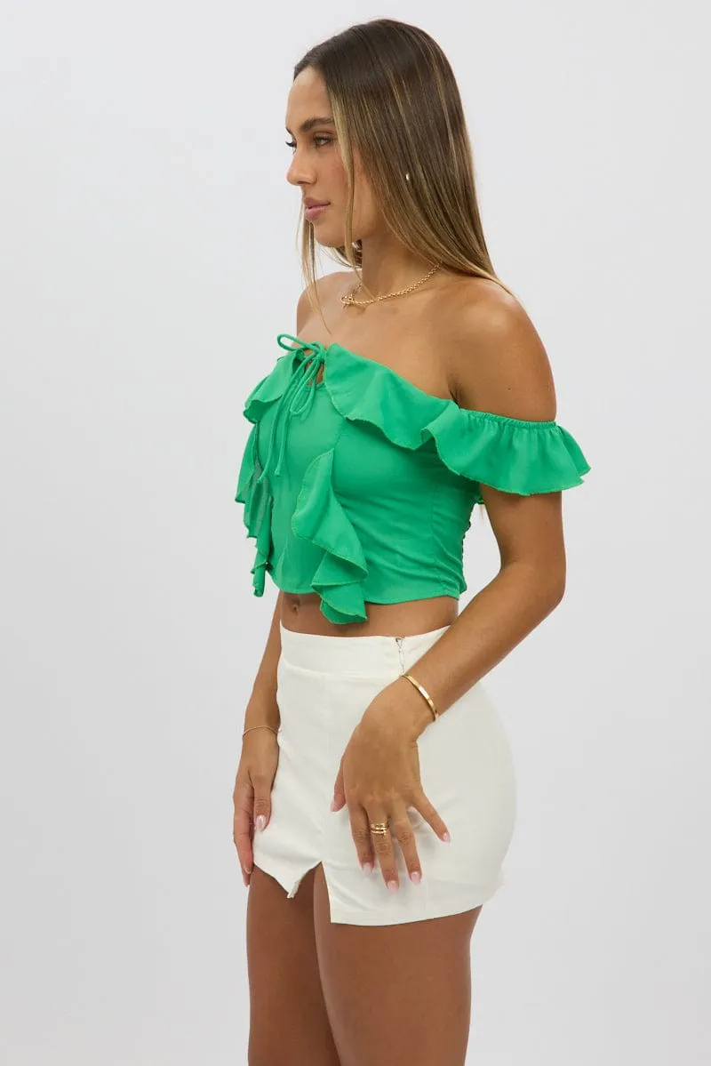 Green Frilled Top Sleeveless Off Shoulder Chiffon