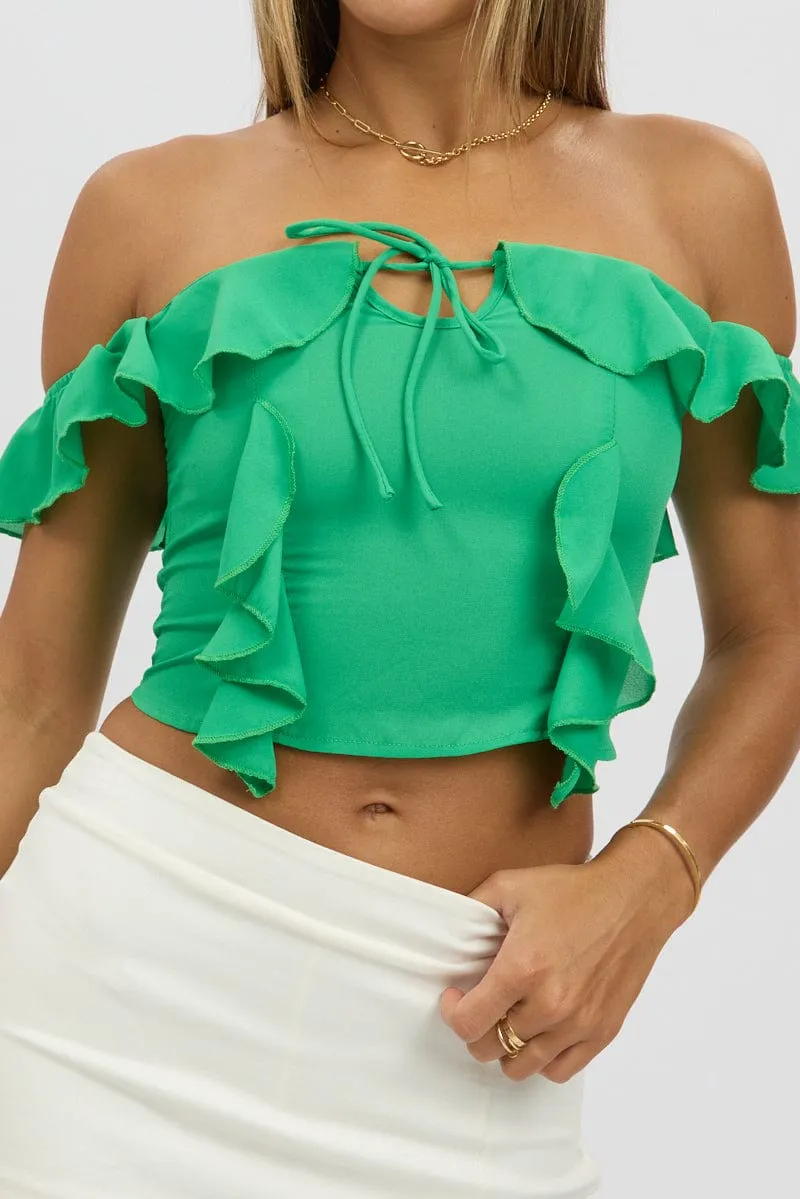 Green Frilled Top Sleeveless Off Shoulder Chiffon
