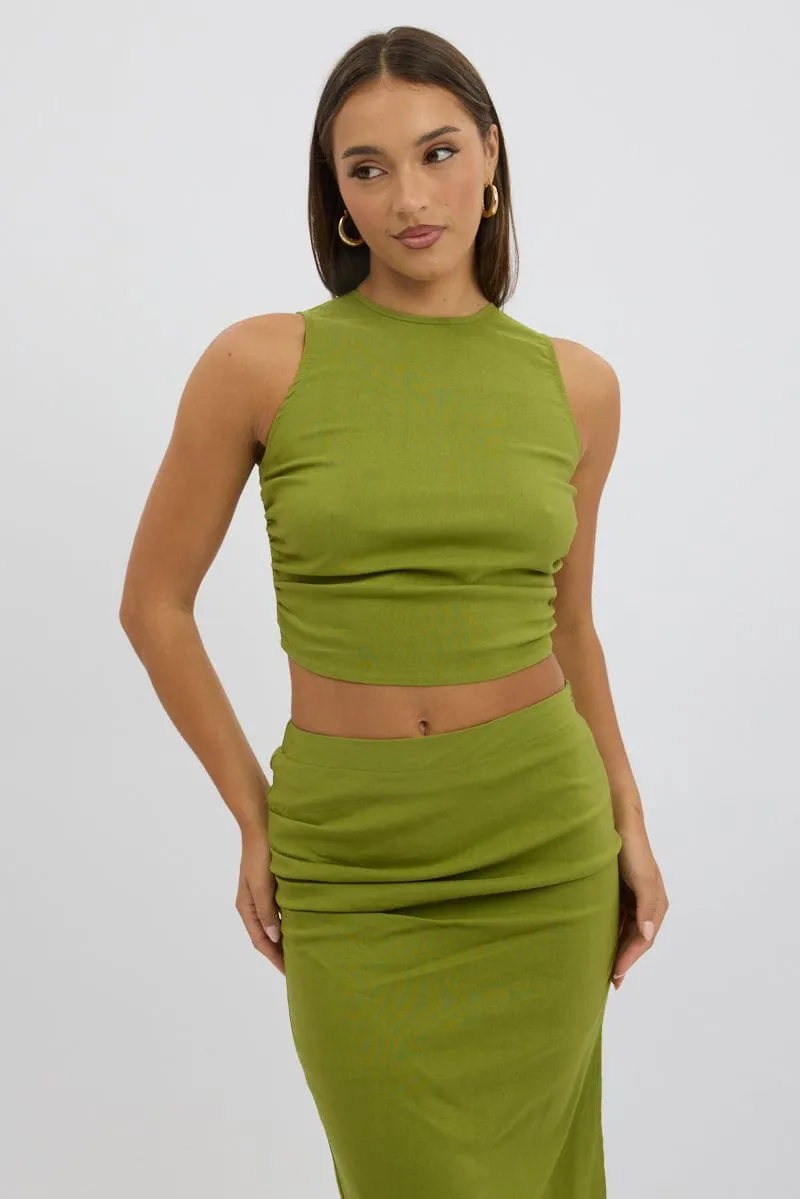 Green Gathered Sleeveless Top Round Neck Bengaline