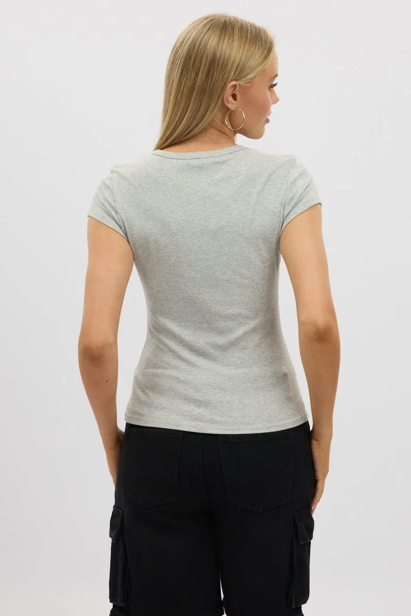 Grey Button Front Top Short Sleeve