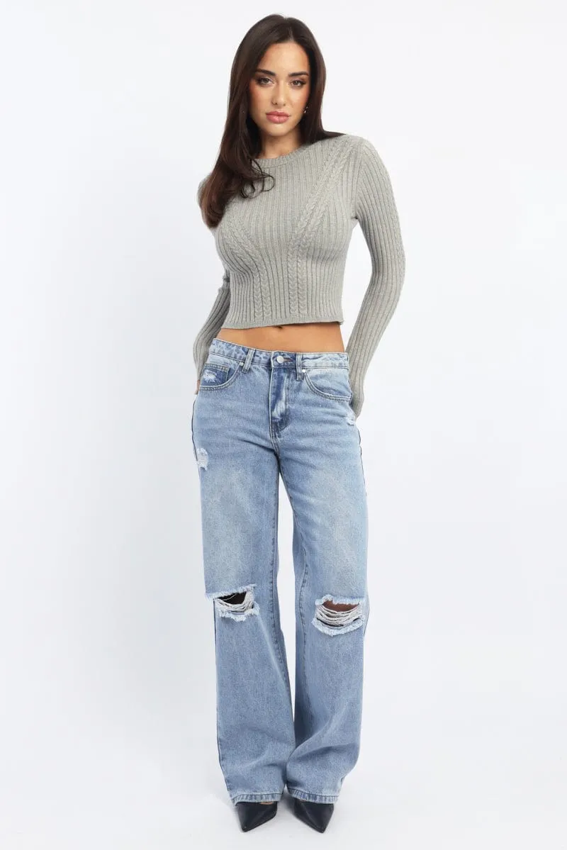 Grey Cable Knit Top Long Sleeve