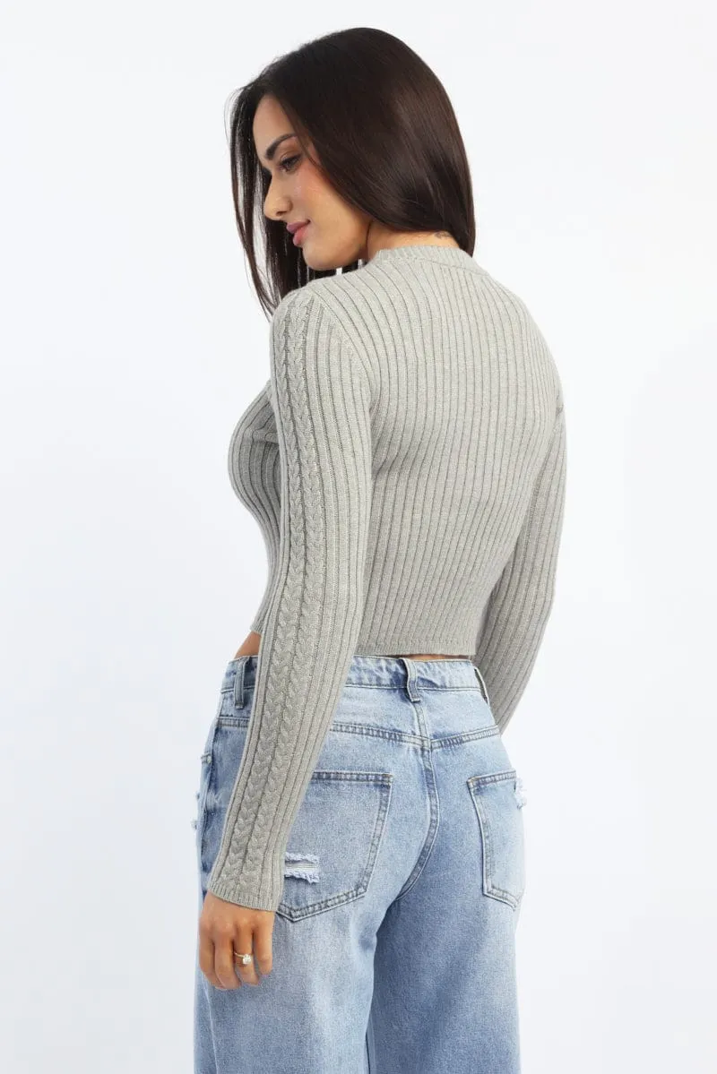 Grey Cable Knit Top Long Sleeve