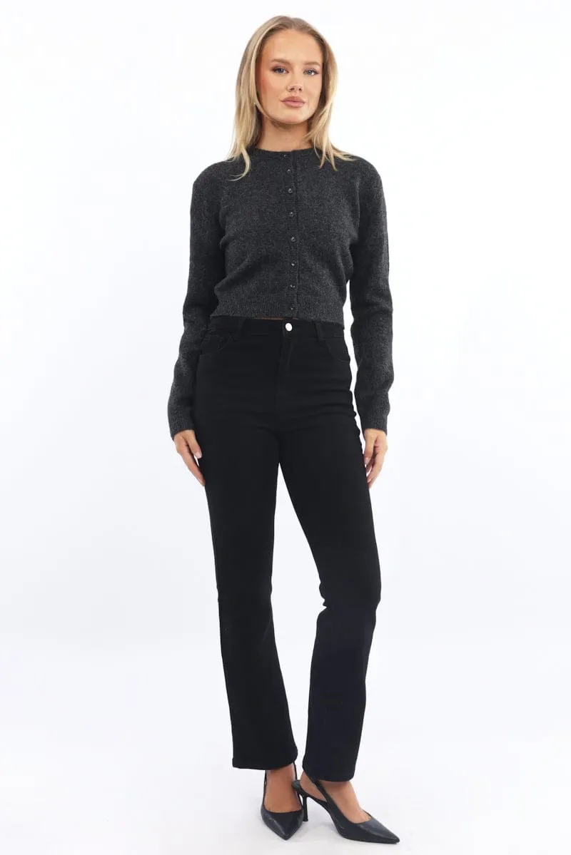 Grey Fitted Cardigan Buttons Up Crew Neck