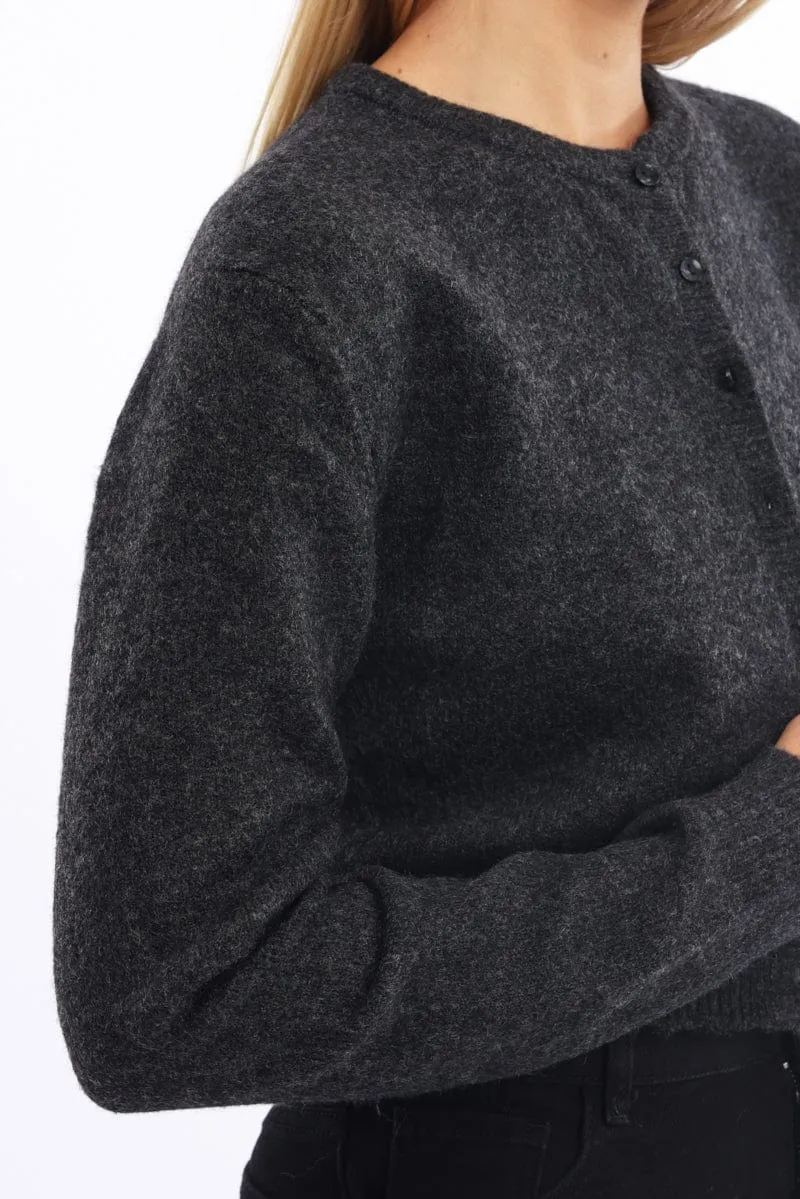 Grey Fitted Cardigan Buttons Up Crew Neck