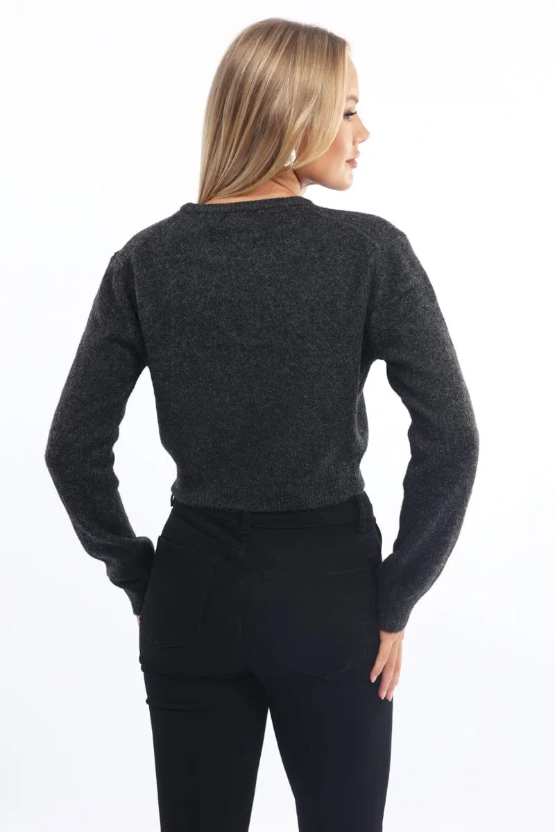 Grey Fitted Cardigan Buttons Up Crew Neck
