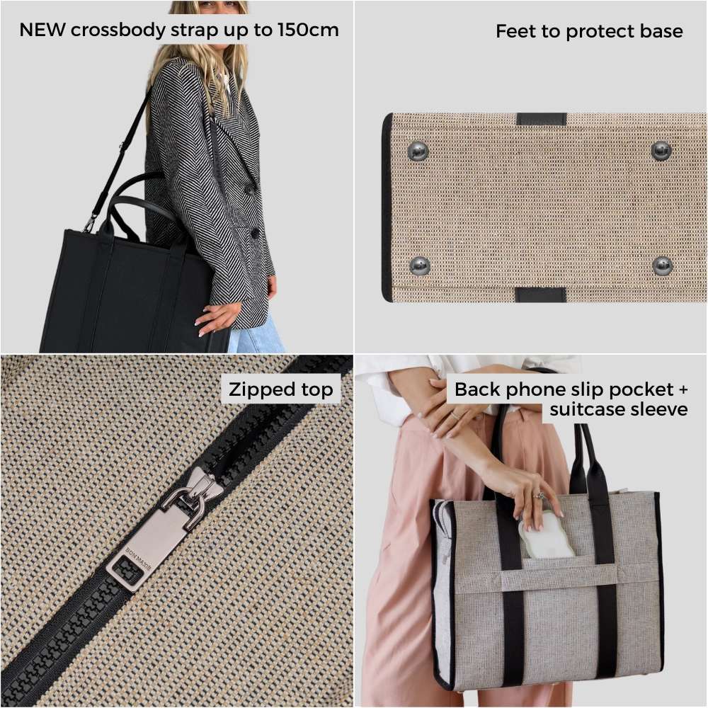 Large Bon Vivant Structured Tote Bag -- Jute Canvas Tan Leather