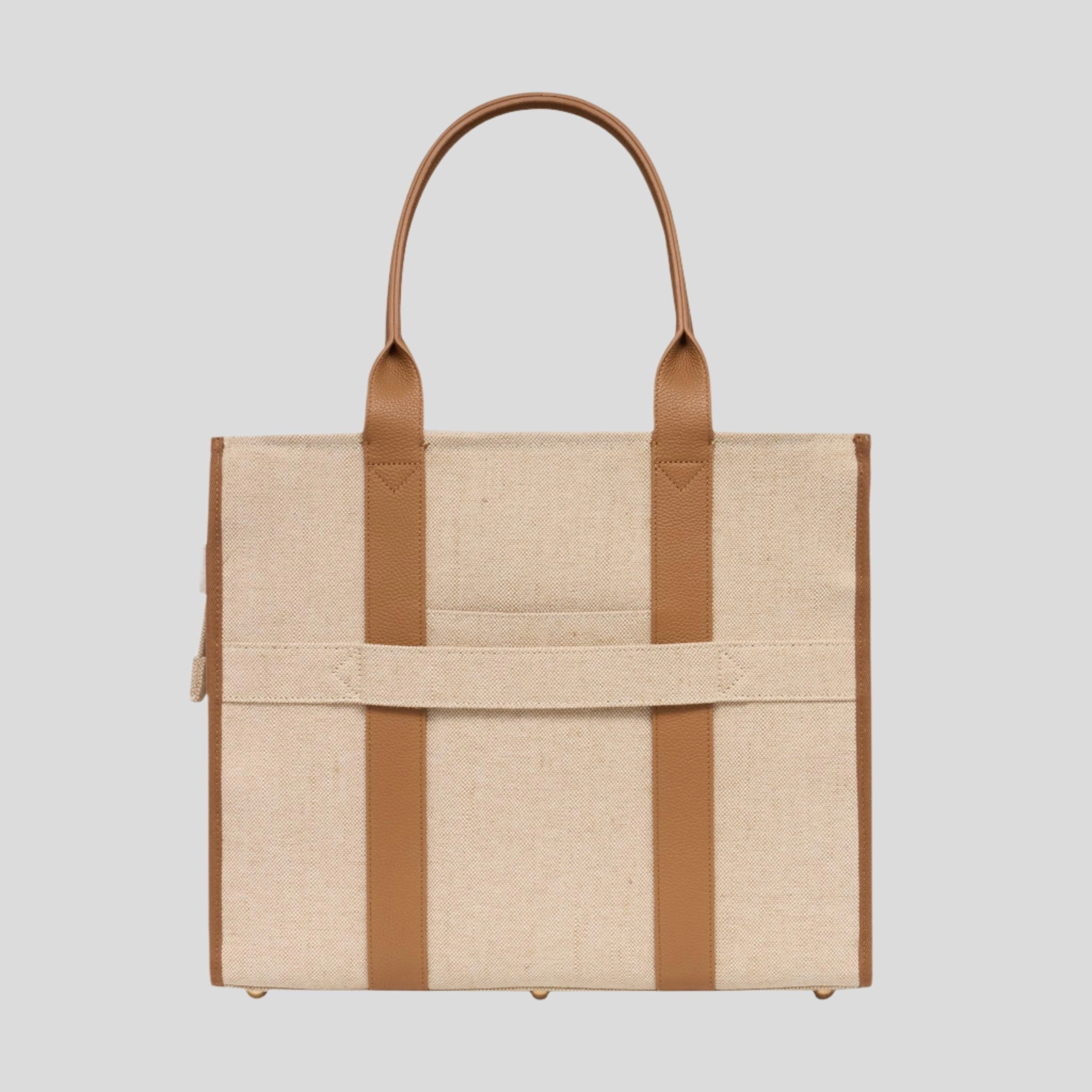 Large Bon Vivant Structured Tote Bag -- Jute Canvas Tan Leather