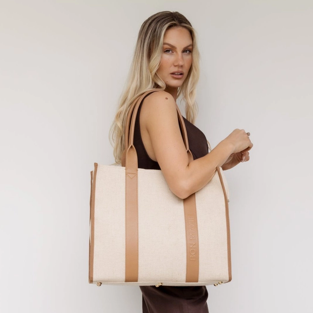 Large Bon Vivant Structured Tote Bag -- Jute Canvas Tan Leather