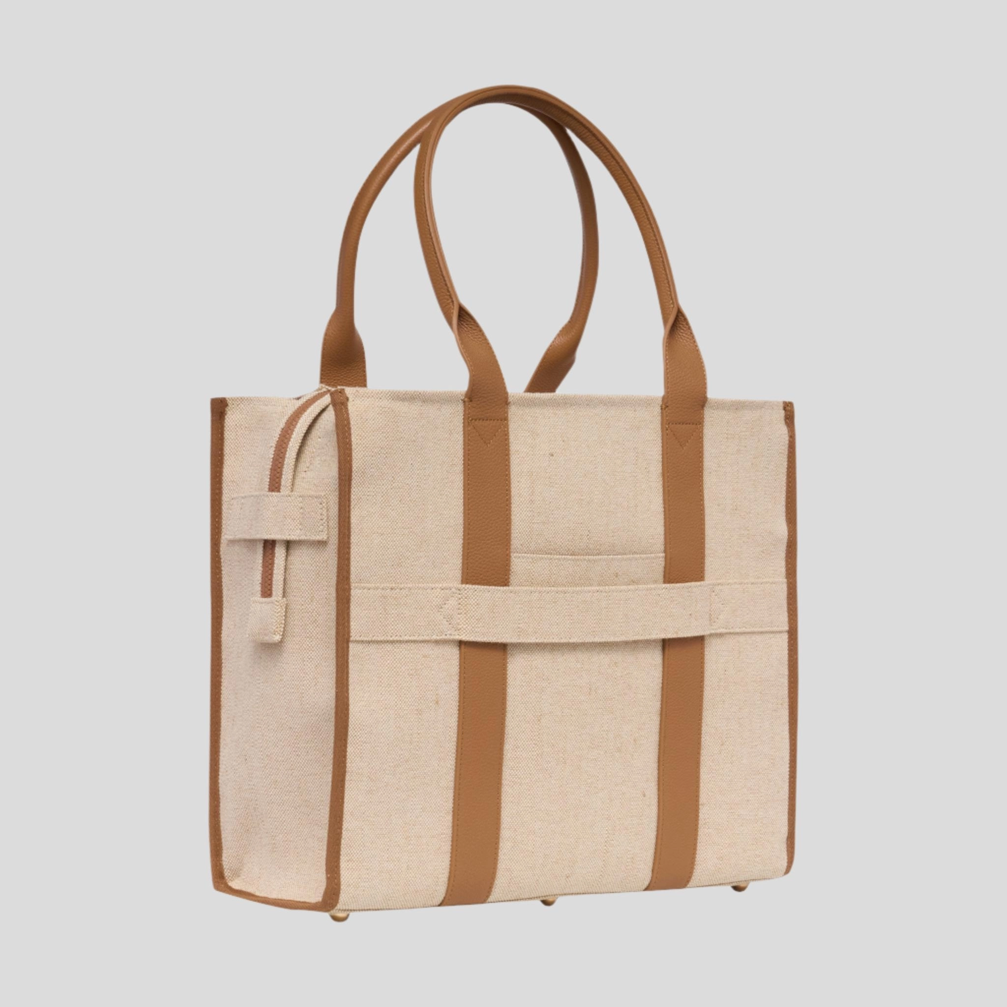 Large Bon Vivant Structured Tote Bag -- Jute Canvas Tan Leather