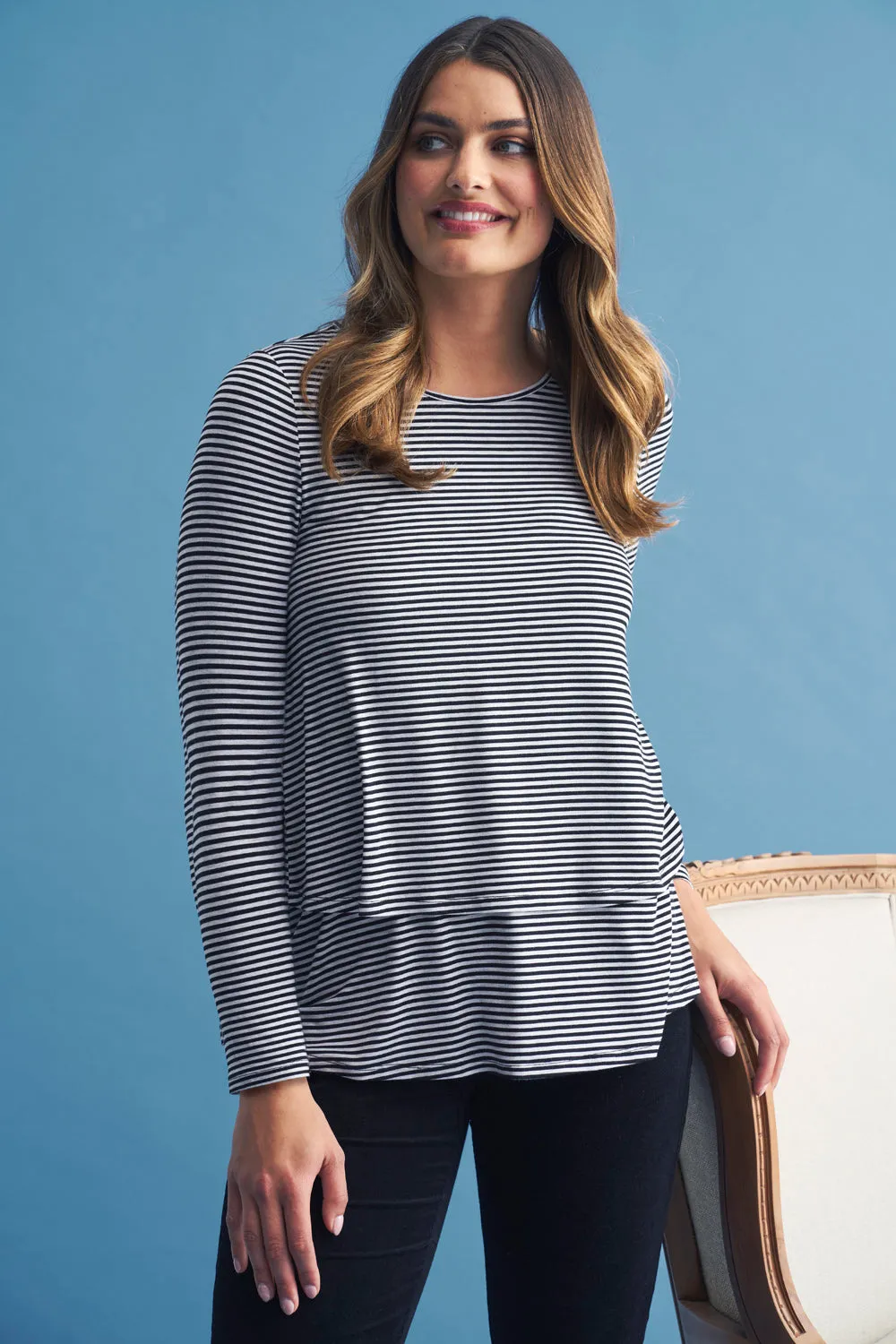 Long Sleeve Layered Tee - Black & Grey Stripe