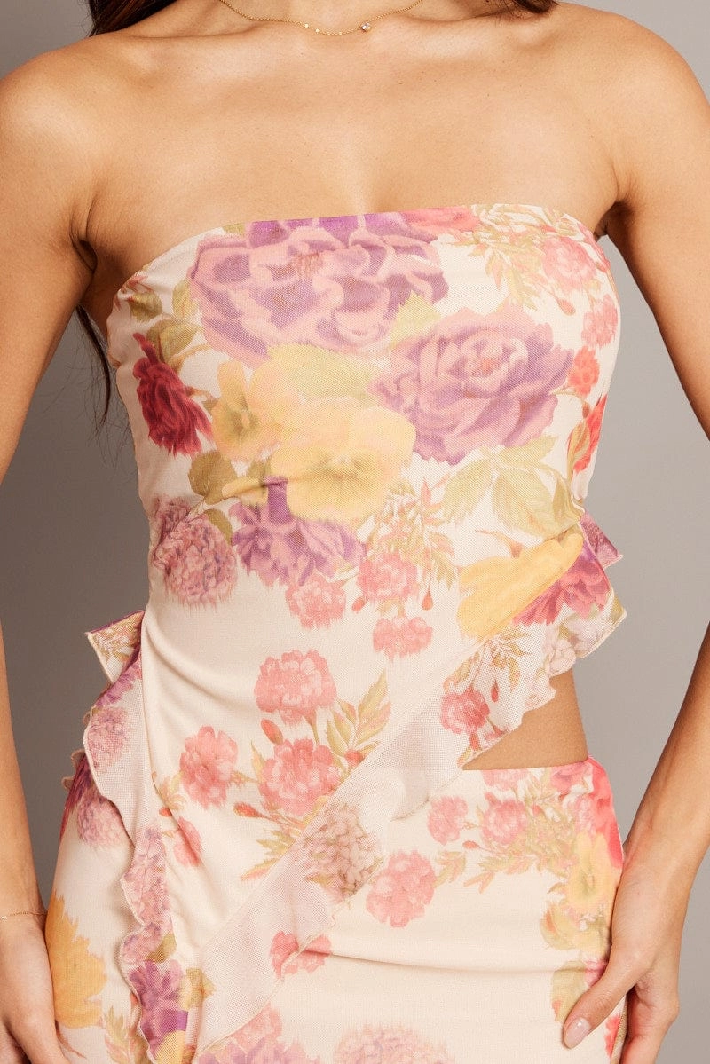 Multi Floral Bandeau Top Asymmetrical Ruffle Hem Mesh