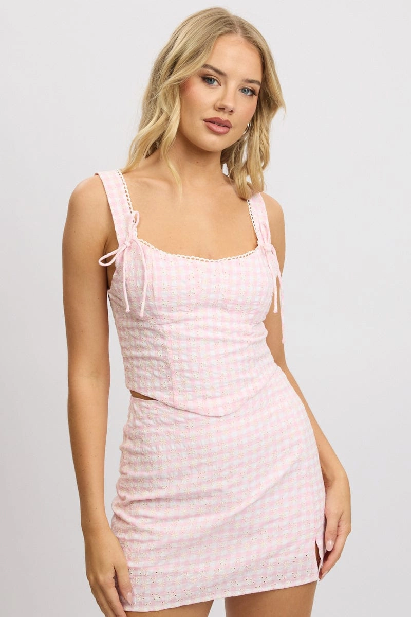 Pink Check Crop Top Sleeveless Corset Broderie