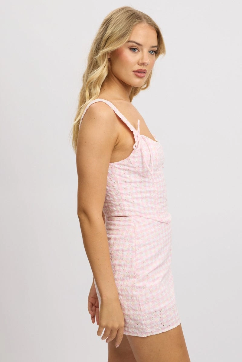 Pink Check Crop Top Sleeveless Corset Broderie