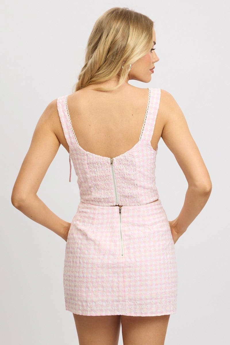 Pink Check Crop Top Sleeveless Corset Broderie