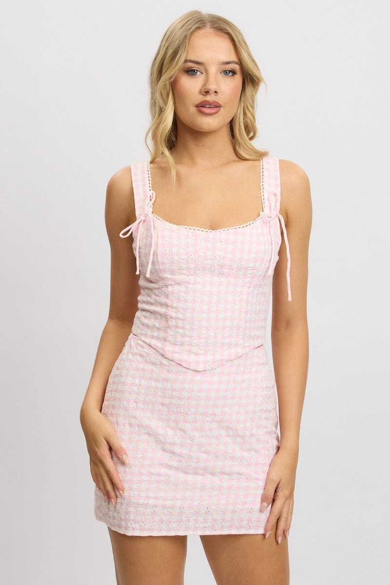 Pink Check Crop Top Sleeveless Corset Broderie