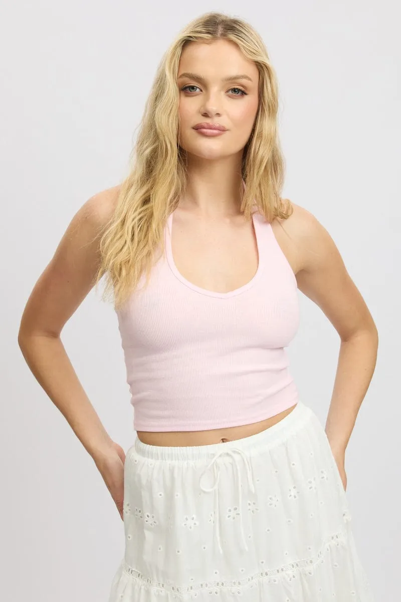 Pink Halter Top Sleeveless Rib