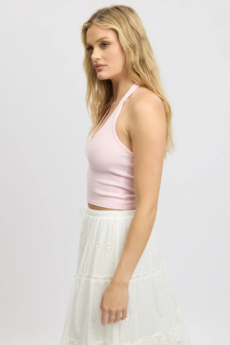 Pink Halter Top Sleeveless Rib