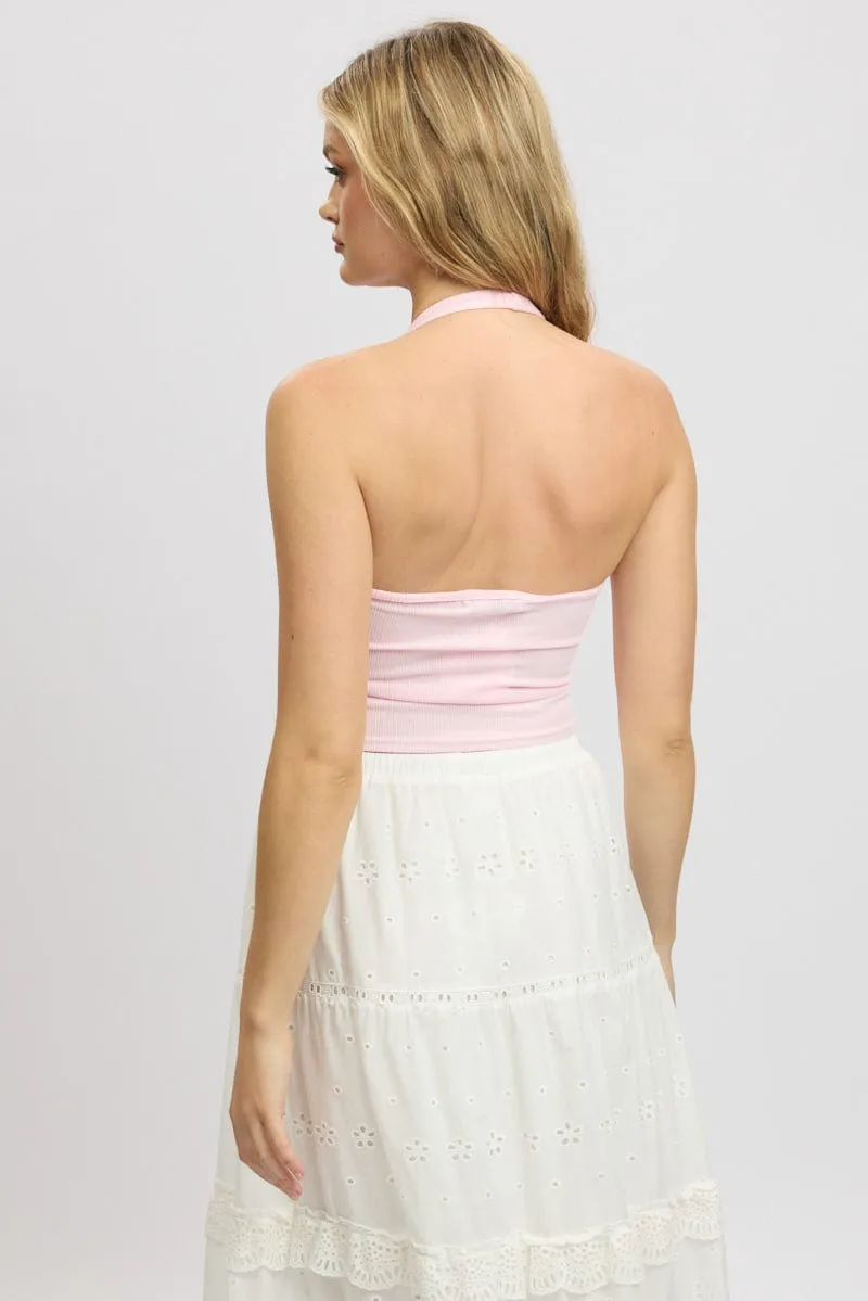 Pink Halter Top Sleeveless Rib