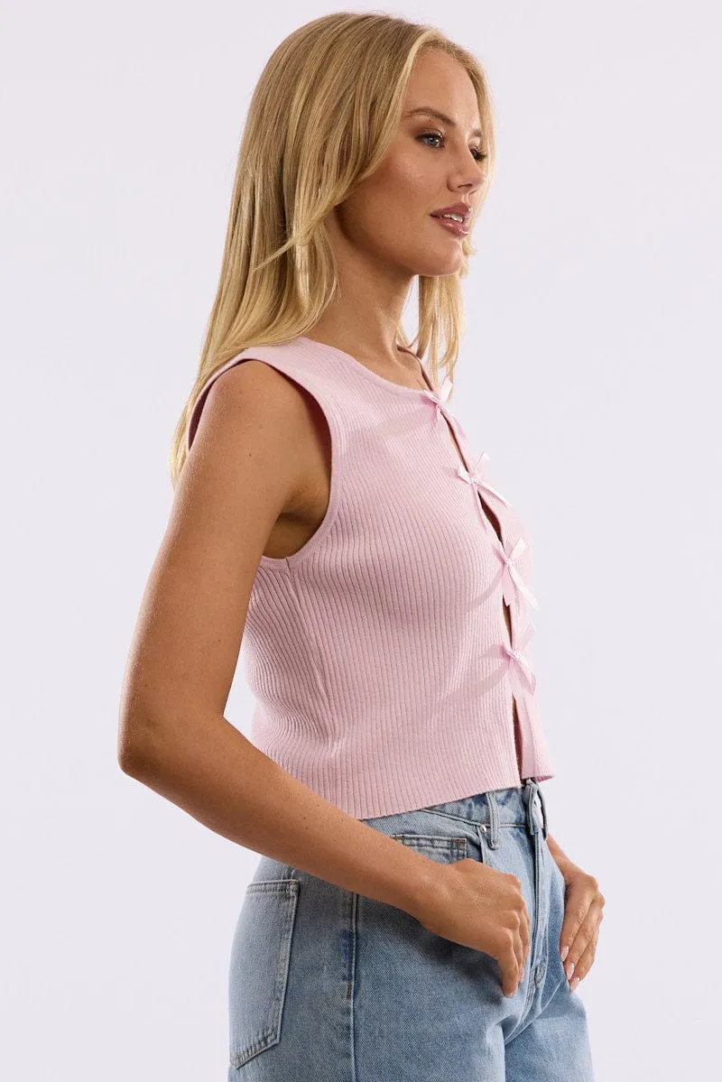 Pink Knit Top Sleeveless Front Ribbon
