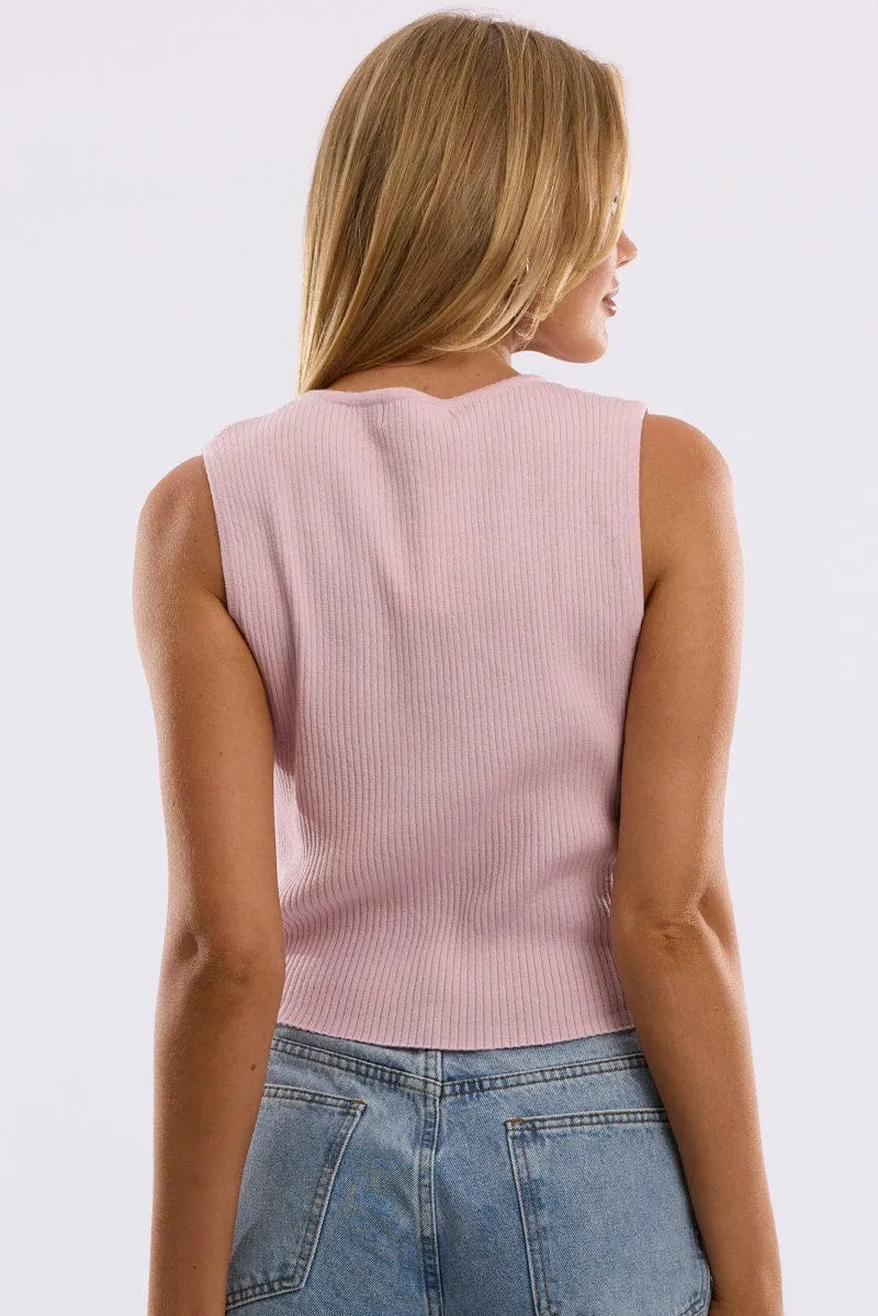 Pink Knit Top Sleeveless Front Ribbon