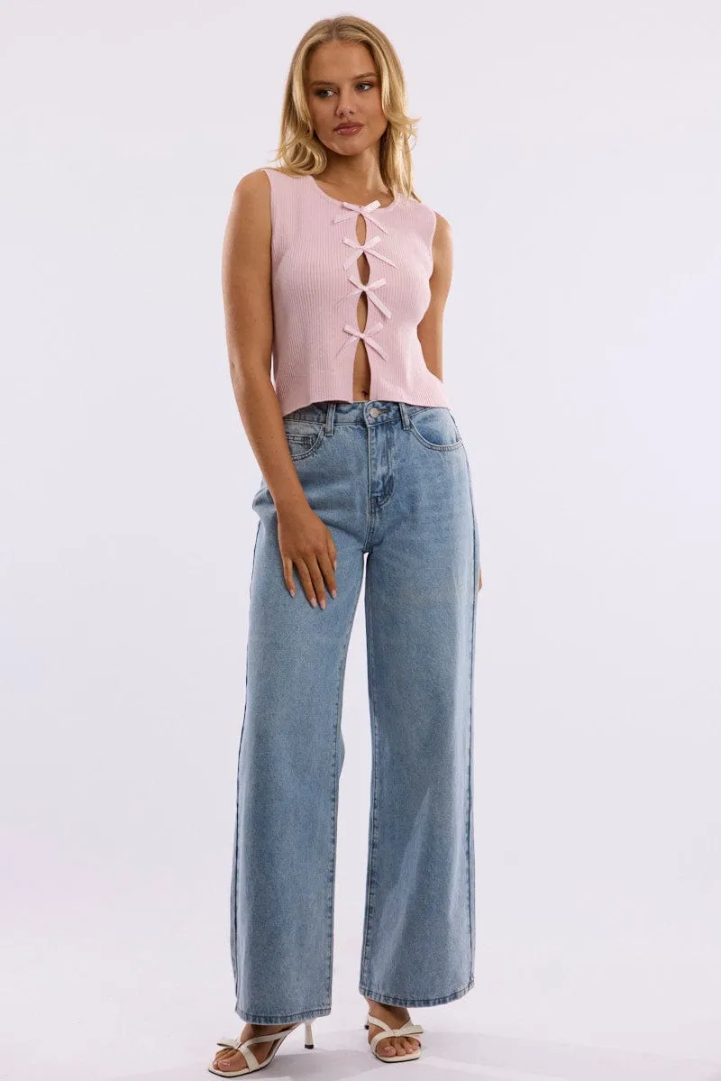 Pink Knit Top Sleeveless Front Ribbon
