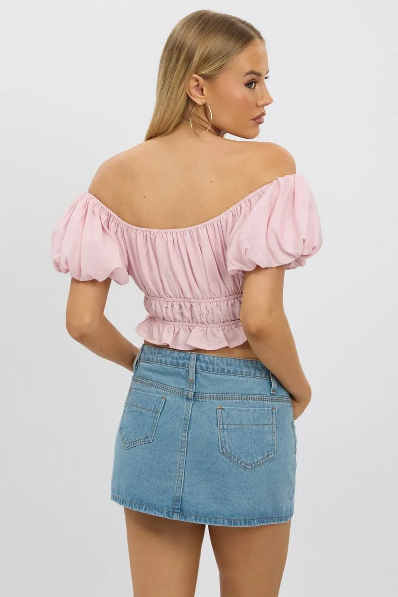 Pink Ruffle Crop Top Puff Sleeve