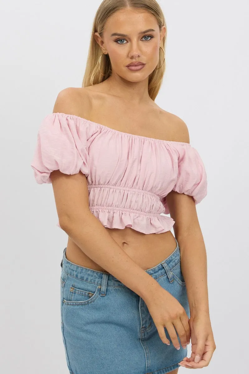 Pink Ruffle Crop Top Puff Sleeve