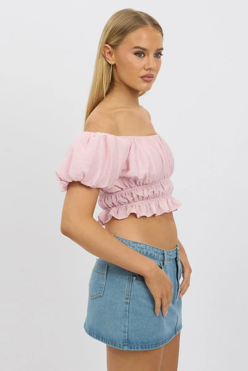 Pink Ruffle Crop Top Puff Sleeve