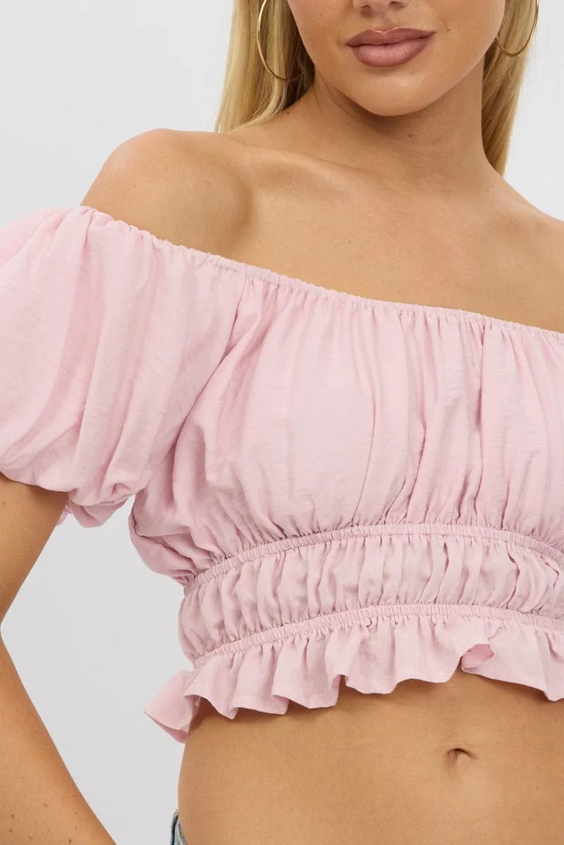 Pink Ruffle Crop Top Puff Sleeve