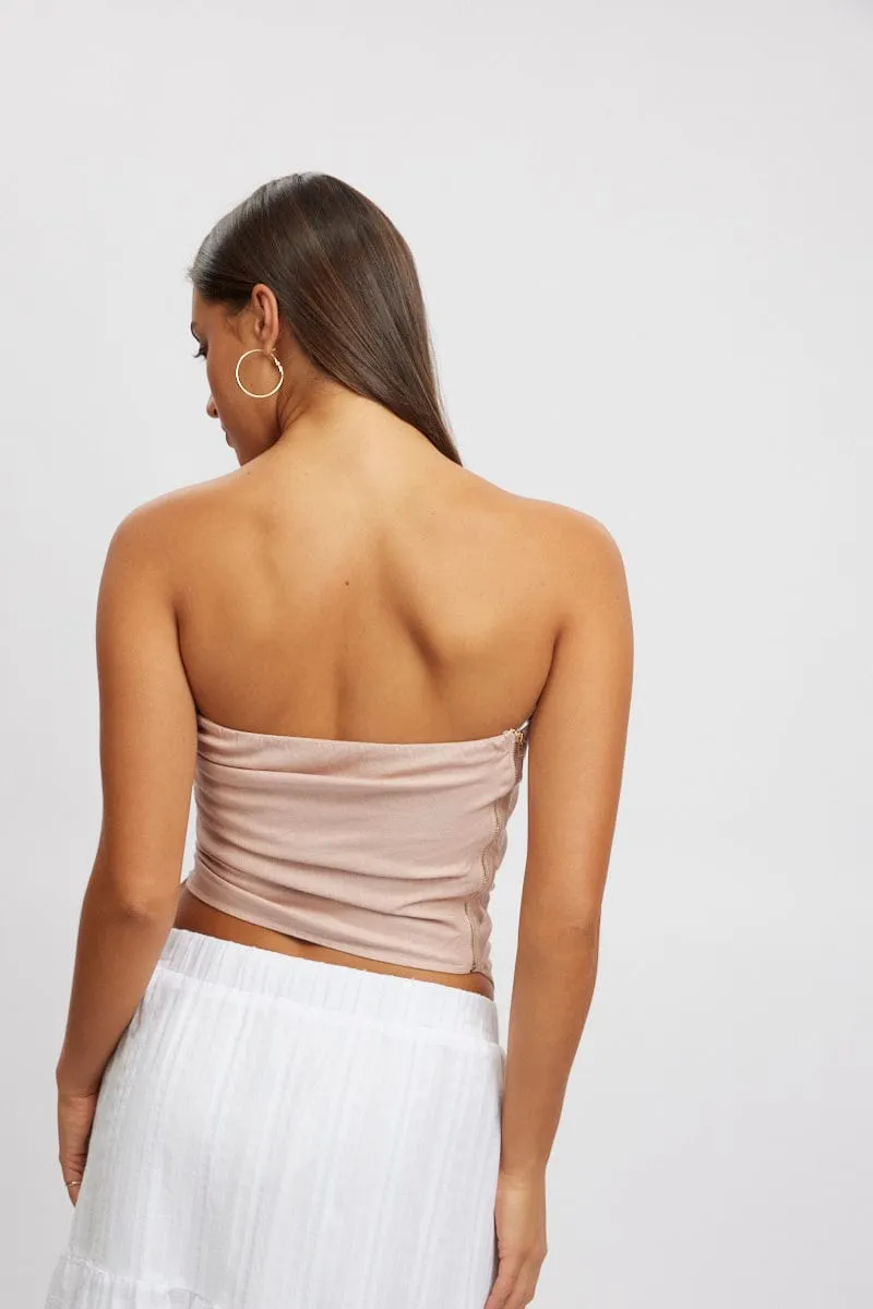 Pink Tube Top Side Ruched Linen Blend