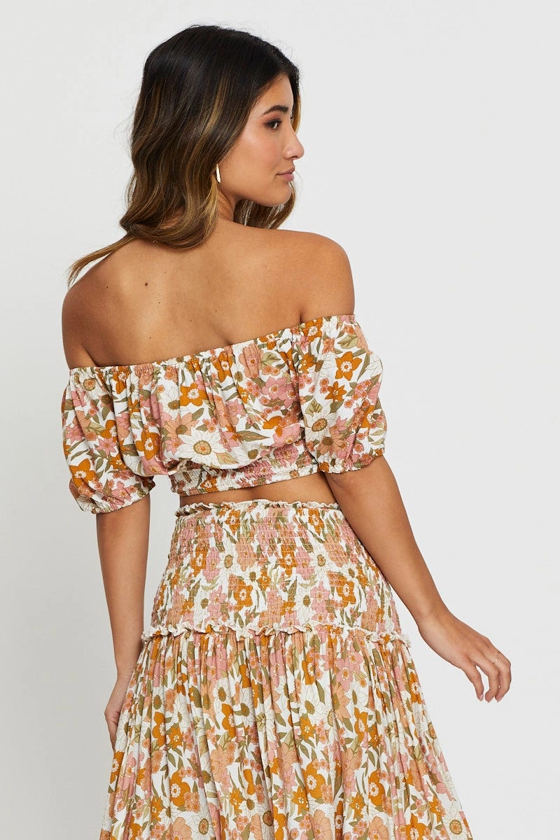 Print Crop Top Three-Quarter Tie Up