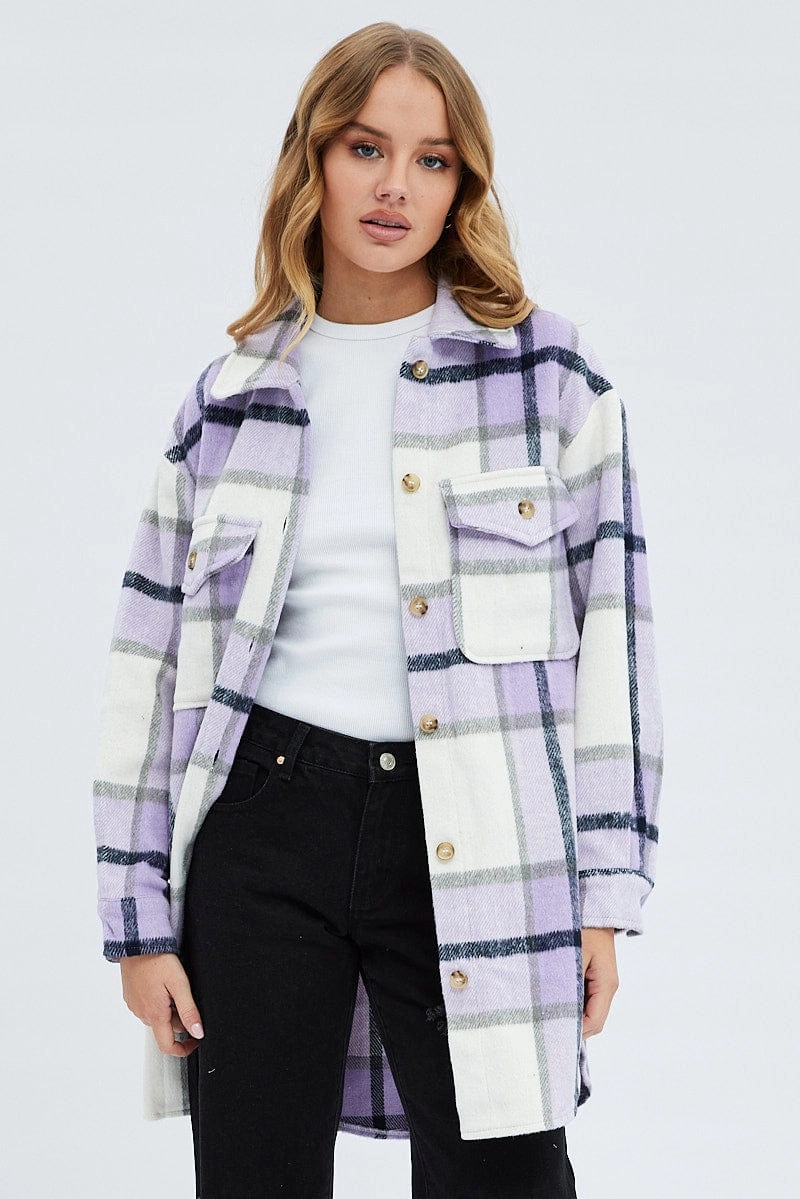 Purple Check Long Checked Print Jacket Long Sleeves