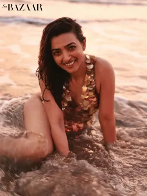 Radika Aptey in Bazzar shoot wearing Ancienne's Golden Sequins Leotard
