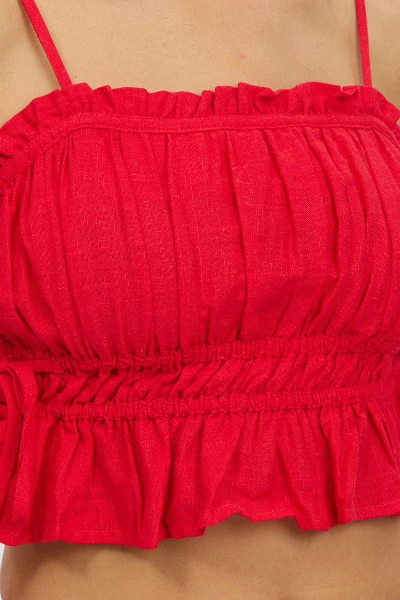 Red Cami Top Ruched Side Bow Linen Blend