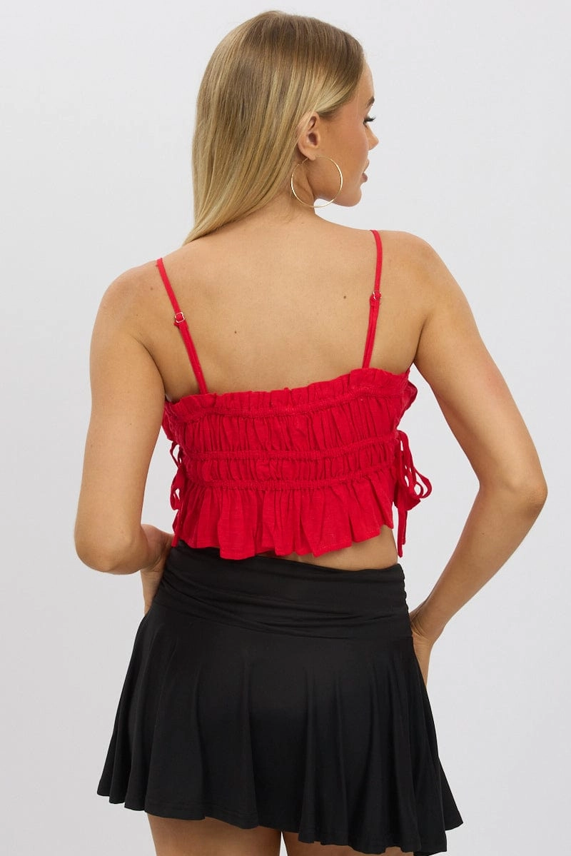 Red Cami Top Ruched Side Bow Linen Blend