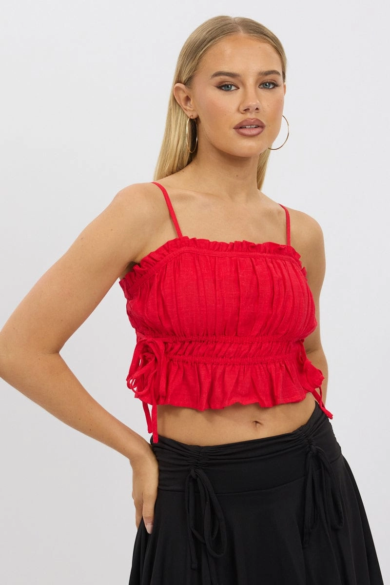 Red Cami Top Ruched Side Bow Linen Blend