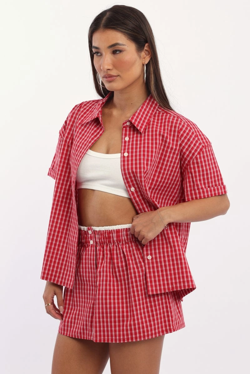 Red Check Short Sleeve Shirt Button Up